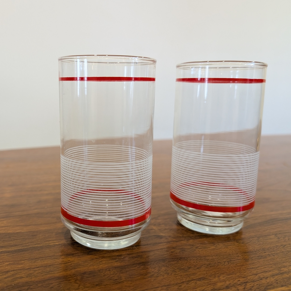 Mid Century Modern Vintage Red & White Striped Juice Glasses - set of 2